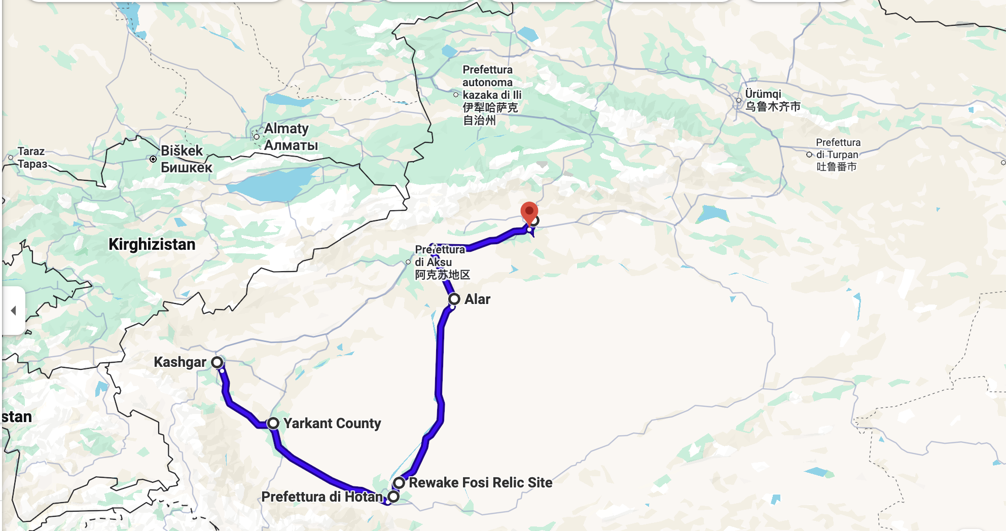 mappa google del percorso in auto, da kashgar a kuqa